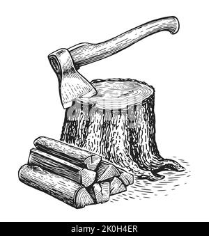 Hache dépasse dans la souche d'arbre et les bois de feu. Bois et grumes en bois. Bois naturel, ensemble de matériaux de menuiserie. Travail du bois Illustration de Vecteur