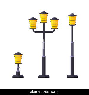 Ensemble de luminaires pour jardin urbain. Feu de rue avant à l'extérieur de l'intérieur de bâtiment technique de cour rue. Moderne classique de style gothique conception de différentes tailles électricité de route isolée Illustration de Vecteur