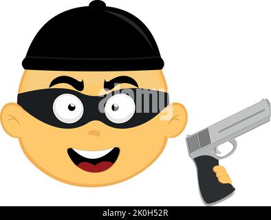 Vecteur emoji illustration d'un voleur de dessin animé jaune, avec un masque, un chapeau et un fusil dans sa main Illustration de Vecteur