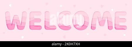 Papier de bienvenue coupé mignon Saint-Valentin signe plat rose. Vacances romantiques coeur pastel couleur bébé douche fille fête anniversaire carte invitation confortable papier peint profil design festif ouvert logo de confiserie Illustration de Vecteur