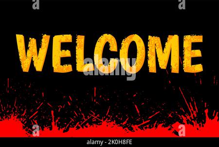 Bannière d'horreur de bienvenue éclaboussures de sang texturées à plat. Creepy Quest défi halloween invitation économiseur d'écran papier peint fête fête décor intérieur sinistre texte inviter affiche noir étiquette graphique Illustration de Vecteur