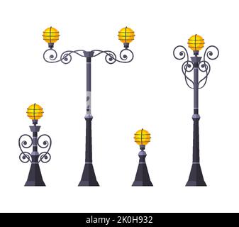 Ensemble de luminaires pour jardin urbain. Feu de rue avant à l'extérieur de l'intérieur de bâtiment technique de cour rue. Moderne classique de style gothique conception de différentes tailles électricité de route isolée Illustration de Vecteur