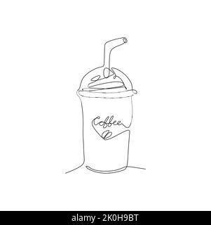 Frappuccino café dans une tasse en plastique avec paille. Illustration vectorielle continue à une seule ligne dessin à la main dessin de style pour les aliments et les boissons dessin Illustration de Vecteur