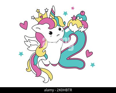 Collection Cute unicorn style kawaii avec numéro deux. Concept joyeux anniversaire pour un mois ou un an. Illustration vectorielle avec un caractère pour un Illustration de Vecteur