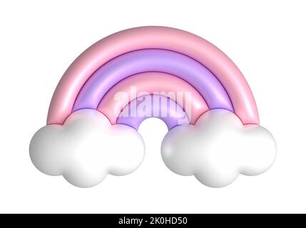 3d arcs-en-ciel de couleur pastel rose, violet. Arc-en-ciel en plastique mignon avec nuages. 3D illustration du ressort de rendu adaptée à la décoration d'anniversaire Banque D'Images