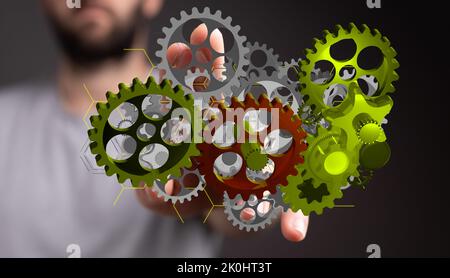 Un homme qui s'adresse aux engrenages illustrés Banque D'Images