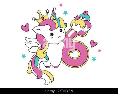 Collection Cute unicorn style kawaii avec le numéro six. Concept joyeux anniversaire pour un mois ou un an. Illustration vectorielle avec un caractère pour un Illustration de Vecteur