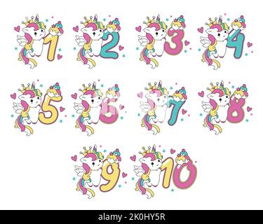 Ensemble de jolies licorne style kawaii avec numéro. Concept joyeux anniversaire pour un mois ou un an. Illustration vectorielle avec un caractère FO Illustration de Vecteur