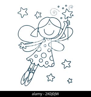 Petite mignonne fée dans une robe rose avec des ailes et une baguette magique. Illustration clip-art conte de fées fille entourée sur un fond blanc. Jolie fille dans le panier Banque D'Images