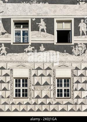 Détail de la décoration sgraffito sur la façade de la maison des chevaliers (U Rytiru), Mikulov, République Tchèque Banque D'Images