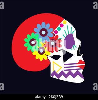 Vue sur le crâne mexicain coloré avec fleurs. Jour de l'illustration du vecteur d'arrière-plan mort. Banque D'Images