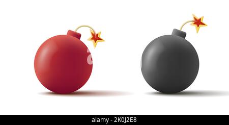 3d icône de bombe rouge et noir avec mèche brûlante Illustration de Vecteur