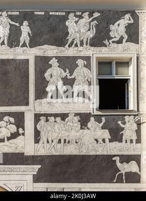 Détail de la décoration sgraffito sur la façade de la maison des chevaliers (U Rytiru), Mikulov, République Tchèque Banque D'Images