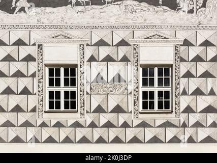 Détail de la décoration sgraffito sur la façade de la maison des chevaliers (U Rytiru), Mikulov, République Tchèque Banque D'Images