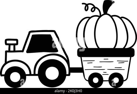 Tracteur tiré à la main tire des citrouilles illustration isolée sur l'arrière-plan Illustration de Vecteur