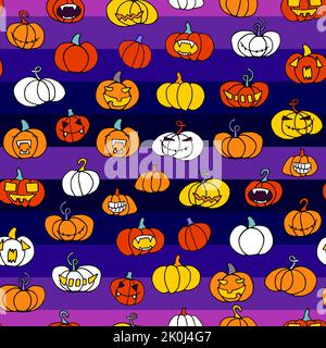 Motif de citrouilles orange sans couture pour halloween. Visage souriant et crépeux sur fond violet rayé. Personnages Doodle Autumn. Symbole Halloween heureux. Illustration de Vecteur