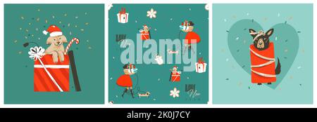 Dessin à la main vecteur abstrait graphique Merry Christmas and Happy New Year caricature, illustrations sans couture motifs collection ensemble avec le Père Noël, boîte cadeau Illustration de Vecteur