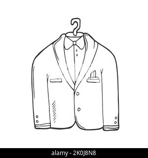 Mariage Tuxedo doodle icône. Veste avec noeud papillon. Vêtements habillée pour hommes. Vêtements pour hommes. Costume pour hommes sur mannequin. Atelier. Vecteur isolé Illustration de Vecteur