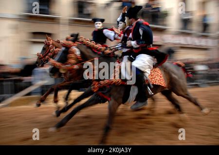 Exposition Pariglie Sartiglia, fête, Oristano, Sardaigne, Italie Banque D'Images