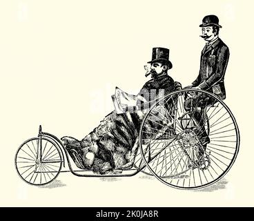 Une ancienne gravure victorienne de la « Coventry chair » de Starley. Il est d'un livre de 1890. Starley et Sutton Co de Meteor Works, Coventry, Warwickshire, West Midlands, Angleterre, Le Royaume-Uni a été l'un des premiers pionniers des bicyclettes. La société a été fondée en 1878 par John Kemp Starley et William Sutton et a fait des «chaises de bain», avec la possibilité de pédaler à l'arrière (comme avec un tricycle) – ces derniers sont devenus connus sous le nom de Coventry Chairs. Leur conception de vélo «Rover» est souvent reconnue comme la première «bicyclette modern». Banque D'Images