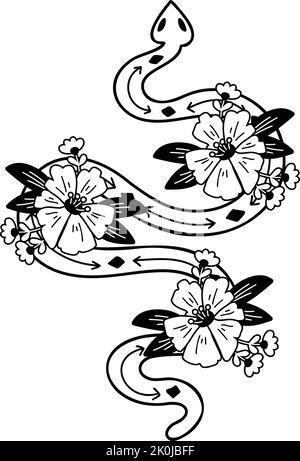 Illustration de style boho de serpents et de fleurs dessinés à la main isolée en arrière-plan Illustration de Vecteur