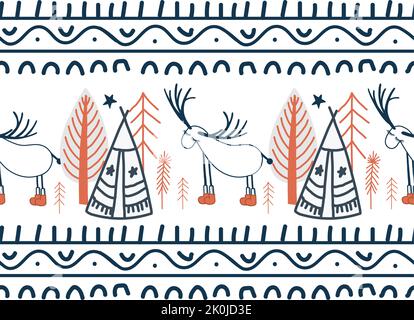 La frontière est démoniaque dans le style nord. Forêt d'hiver scandinave. Forêt de fées sans couture. Décoration ruban et textile Illustration de Vecteur