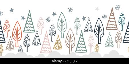 La frontière est démoniaque dans le style nord. Forêt d'hiver scandinave. Forêt de fées sans couture. Décoration ruban et textile Illustration de Vecteur