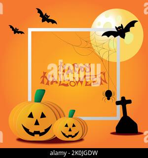 Carte de visite pour les réseaux sociaux qui souhaitent un joyeux Halloween. Des citrouilles souriantes pour féliciter les fêtes de sorcières, de fantômes, d'araignées, de croix et de chauve-souris Illustration de Vecteur