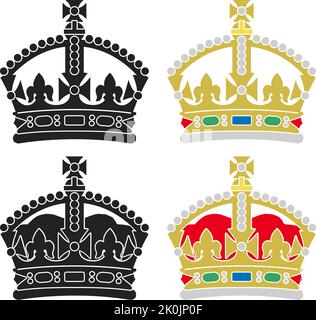 La couronne Tudor britannique stylisée en couleur et en noir et blanc sur fond blanc, illustration vectorielle Royaume-Uni Illustration de Vecteur