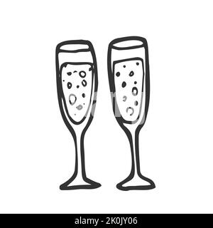 Une paire de verres de champagne dessinés à la main pour l'anniversaire, le nouvel an, Noël, mariage, engagement. Doodle, illustration vectorielle isolée sur fond blanc Illustration de Vecteur