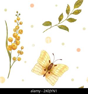 Motif aquarelle avec papillons et fleurs des prés. Motif sans couture avec fleurs jaunes et papillons jaunes d'automne. Banque D'Images