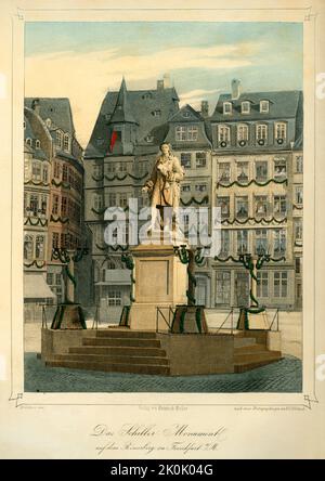 Europa, Deutschland, Hessen, Frankfurt am main, originaler texte : Das Schiller Monument auf dem Römerberg zu Frankfurt a. M. , Motiv aus : Gedenk-Buch zu Friedrich von Schiller's hundertjähriger Geburtsfeier, begangen à Francfort-sur-le-main den 10. Novembre 1859 . Eine Festasgabe herausgegeben unter freundlicher Mitwirkung der betheiligten Körperschaften , gezeichnet von F. C. Klimsch, Verlag von Heinrich Keller, Francfort-sur-le-main, 1860 . / Europe, Allemagne, Hesse, Francfort-sur-le-main, texte original : le monument Schiller sur le Römerberg à Francfort-sur-le-main, image de : Gedenkbuch zu Frie Banque D'Images
