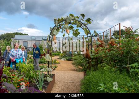 Le World Food Garden à RHS Wisley Garden en septembre, avec le nouveau Hilltop Building for Gardening Science, Surrey, Angleterre, Royaume-Uni Banque D'Images