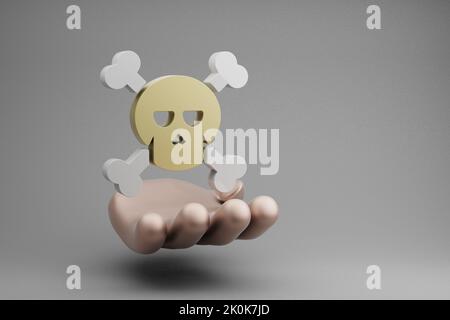 Belles illustrations abstraites Golden Hand tenant Halloween symbole crânes icône sur un fond gris. 3d illustration du rendu. Motif d'arrière-plan Banque D'Images