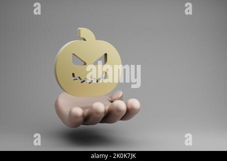 Belles illustrations abstraites main dorée tenant jaune Halloween symbole citrouille icône sur un fond gris. 3d illustration du rendu. Arrière-plan Banque D'Images