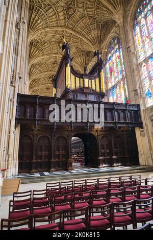 Vue sur l'incroyable orgue d'or élaboré au milieu de la chapelle du roi. Au King's College de Cambridge, Angleterre, Royaume-Uni. Banque D'Images
