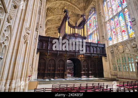 Vue sur l'incroyable orgue d'or élaboré au milieu de la chapelle du roi. Au King's College de Cambridge, Angleterre, Royaume-Uni. Banque D'Images