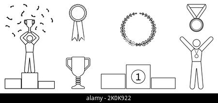 Jeu d'icônes Champion du gagnant. Homme sur podium, trophée, médaille, couronne de Laurier, insigne. Illustration vectorielle de style Illustration de Vecteur