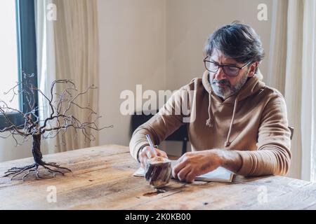 Vue latérale d'un homme à barbe d'un certain âge qui écrit dans un carnet tout en étant assis seul à la maison pendant la journée Banque D'Images