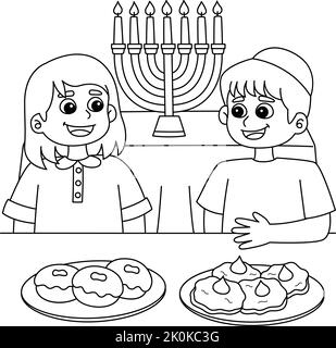 Page de coloriage pour la fête des garçons et des filles de Hanukkah Illustration de Vecteur