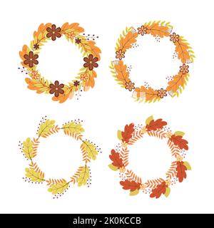 Ensemble de couronnes de fleurs et de feuilles d'automne colorées. Cadres ronds d'automne. Décorations du jour de Thanksgiving. Des éléments vectoriels pour vos projets de conception. Illustration de Vecteur