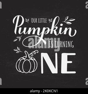 Little Pumpkin tourne un lettrage à la main de calligraphie sur fond de tableau noir. Décorations d'anniversaire d'automne pour bébé. Citation d'automne. Modèle vectoriel Illustration de Vecteur