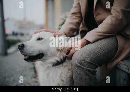 Section médiane d'un homme âgé méconnaissable assis sur un banc et se reposant pendant une promenade en plein air en ville. Banque D'Images