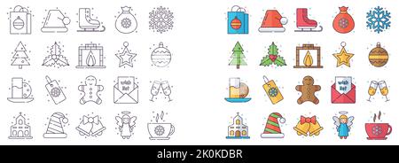 Un ensemble d'icônes de Noël. Jeu identique avec couleurs et sans. Illustration de Vecteur