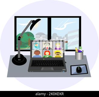 Conférence en ligne de chez vous à l'entreprise, travail à domicile, télétravail, distance sociale Illustration de Vecteur