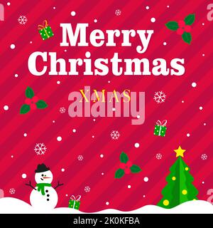 Bannière carrée Joyeux Noël ou nouvel an, avec place pour le texte. Bonhomme de neige et arbre de Noël avec étoile jaune Illustration de Vecteur