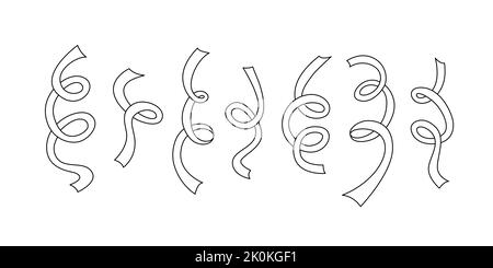 Mettez en place le motif de fête en serpentin. Ruban de décoration de fête. Spirale de Noël. Objets vectoriels dessinés à la main. Esquisse simple en noir et blanc. Confetti de carnaval Illustration de Vecteur