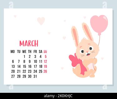 Calendrier de mars 2023. Lapin mignon avec noeud et ballon. Lapin est symbole de 2023 selon le zodiaque chinois. Illustration vectorielle. Modèle horizontal. Illustration de Vecteur