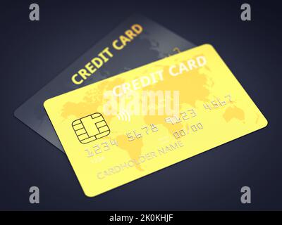 Cartes de crédit sans contact noir et or sur fond sombre. Concept de protection de paiement NFC sans contact Banque D'Images