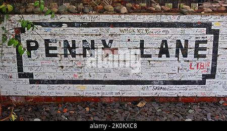 Panneau Penny Lane au Penny Lane Development Trust, 70 Penny LN, Liverpool, Merseyside, Angleterre, ROYAUME-UNI, L18 1BW Banque D'Images